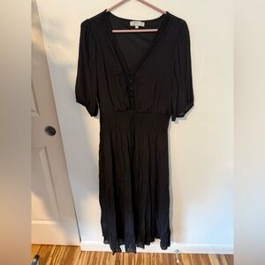 Black V-Neck Midi Dress with Smocked Waist